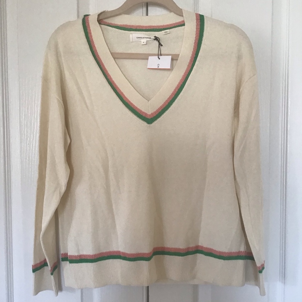 Chinti & Parker beige sweater with pink green trim Sz S - Picture 1 of 5